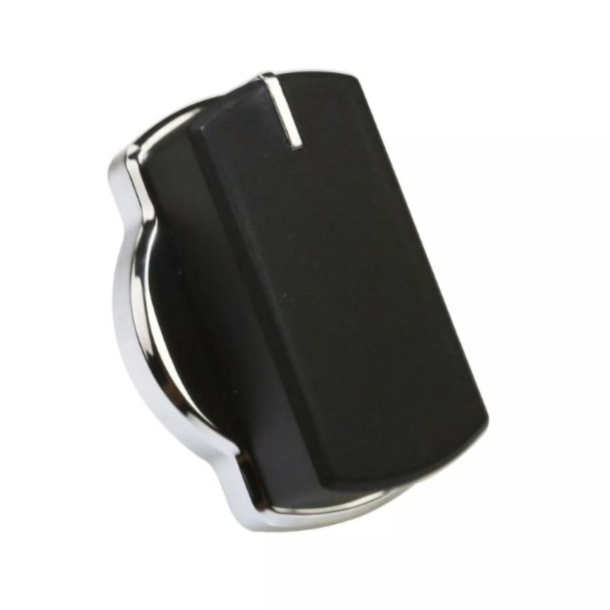 Black and chrome knob on a white background