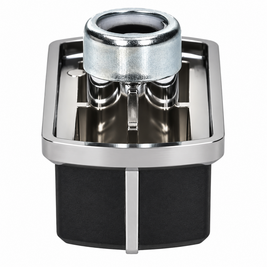 A modern rectangular black and chrome metal device, likely a modern humidifier or diffuser, shown on a solid white background.