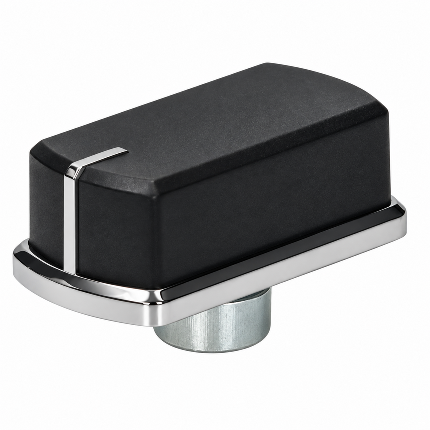 A modern black rectangular wall-mounted sink or faucet component with polished chrome accents and a cylindrical metal base, shown on a plain white background.