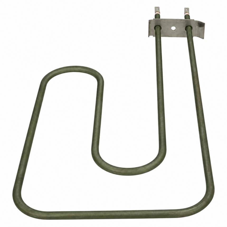 A dark green U-shaped heating element coil with a silver metal mounting bracket and two terminal posts, shown on a plain white background.
