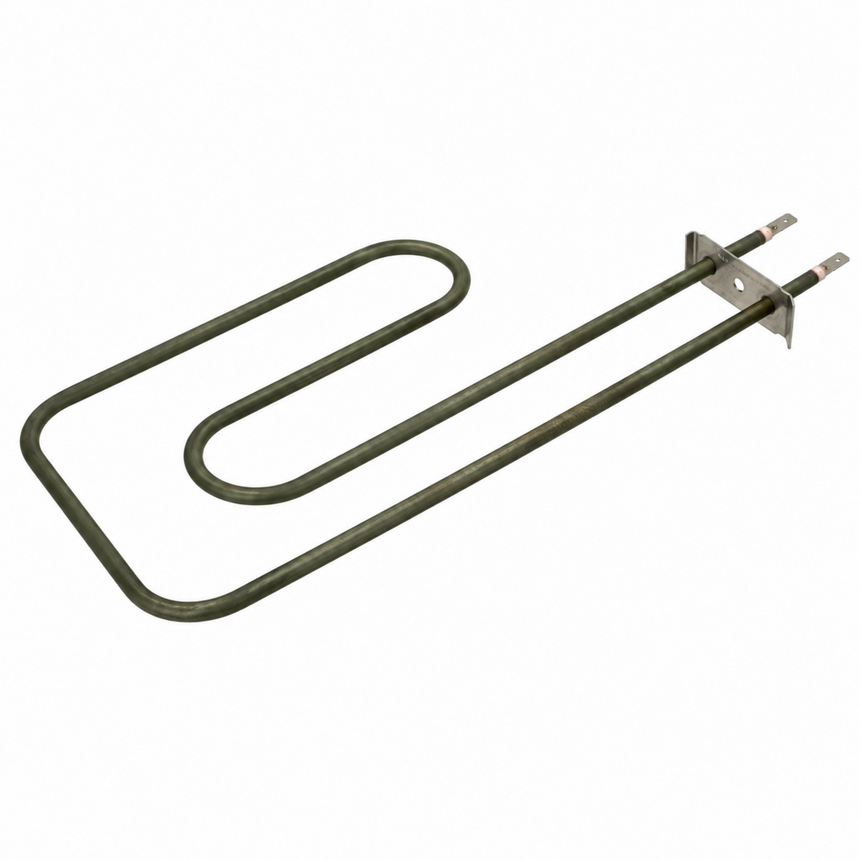 A dark green electric heating element coil with a silver metal mounting bracket and two terminal posts, shown on a plain white background.