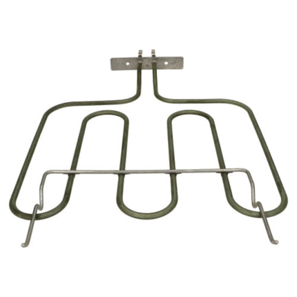 A replacement electric oven heating element coil with a silver metal mounting plate and dark green-coated tubing, isolated on a white background.