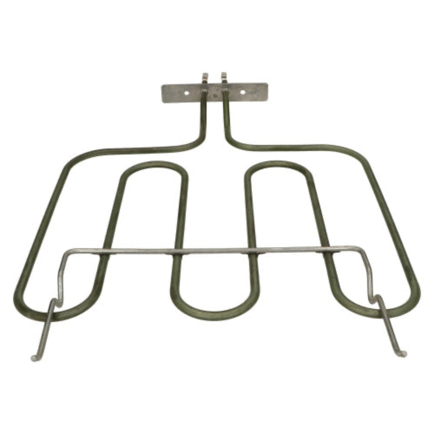 A replacement electric oven heating element coil with a silver metal mounting plate and dark green-coated tubing, isolated on a white background.