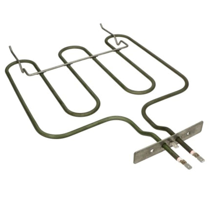 A replacement electric coil burner assembly with a dark green enamel-coated metal tube and a silver metal terminal plate with two wire leads, shown on a plain white background.