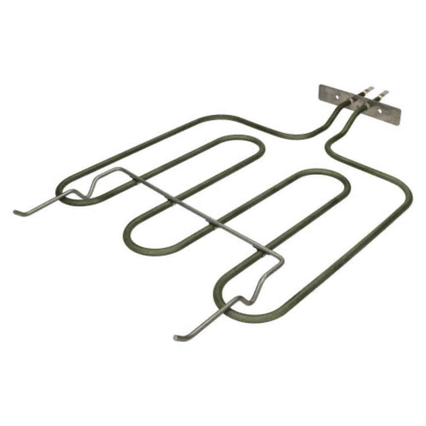 A replacement oven heating element coil with a flat metal terminal plate on one end, shown on a plain white background.