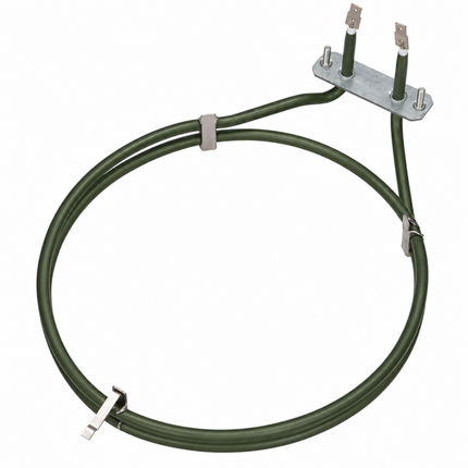 A dark green electric heating element coil with a silver metal mounting plate and two terminal leads, secured with zip ties on a white background.