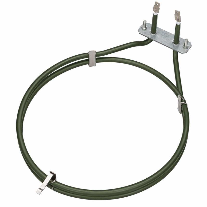 A dark green electric heating element coil with a silver metal mounting plate and two terminal leads, secured with zip ties on a white background.