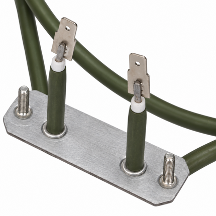 A close-up of an electrical terminal block with a silver metal base plate, three green insulated pins, and green cables looping behind it on a white background.
