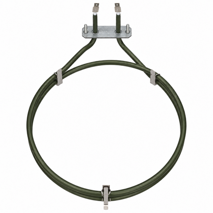 A replacement electric coil heating element with a dark green insulated loop and a silver metal mounting plate with two terminals, shown on a plain white background.