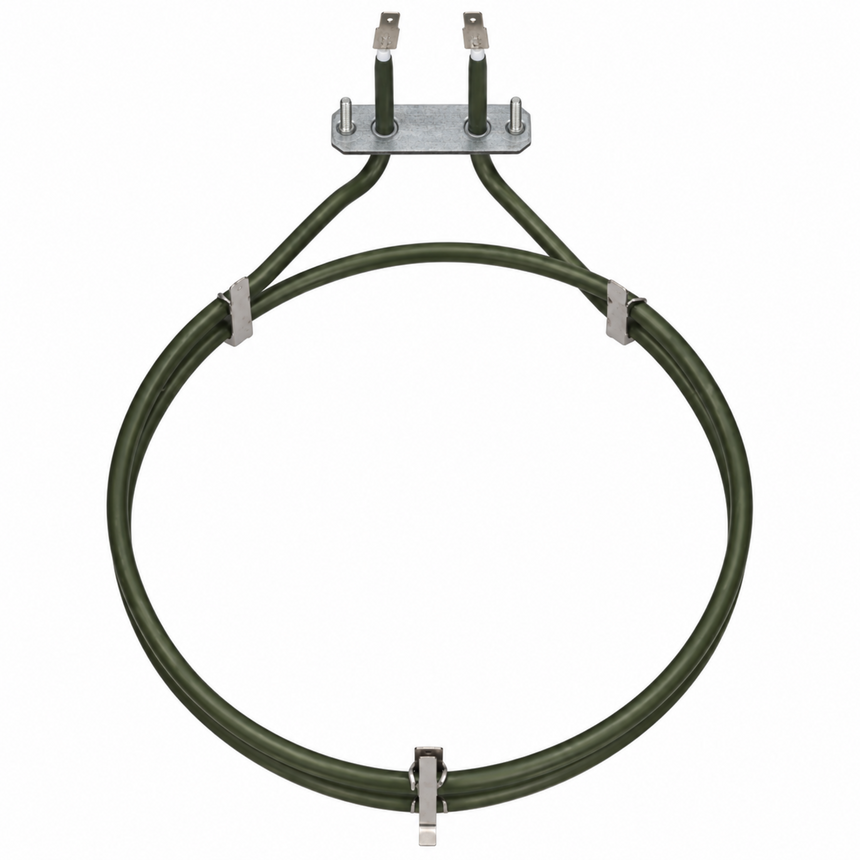 A replacement electric coil heating element with a dark green insulated loop and a silver metal mounting plate with two terminals, shown on a plain white background.