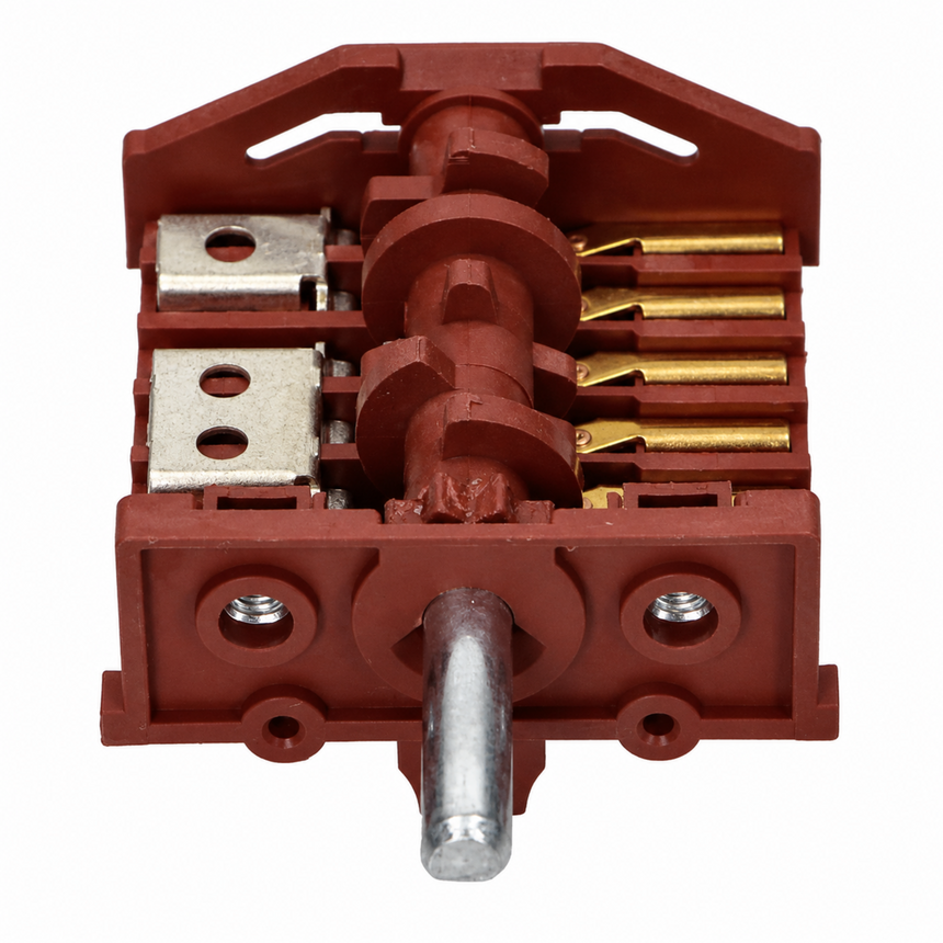 A red plastic electrical switch module with a central silver metal shaft, gold-colored contact tips, and silver metal terminal blocks, shown on a plain white background.