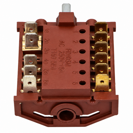 A brown plastic electrical terminal block with gold and silver metal contacts, featuring printed specifications and numbered connection holes, shown on a white background.