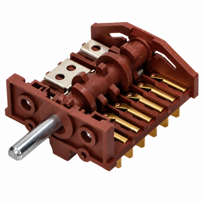 A brown plastic multi-throw switch module with brass and silver metal contacts and a metal shaft, isolated on a white background.