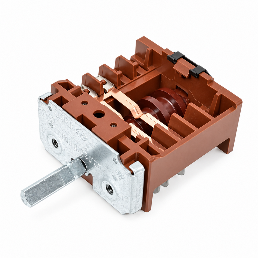 An electrical switch component with a brown molded plastic housing, a silver metal terminal block, and a copper-colored internal contact, shown on a white background.