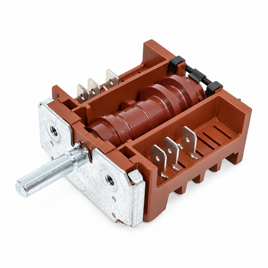 A brown and silver electrical contact switch component with a cylindrical brown internal mechanism, metal terminal posts, and a silver mounting plate, shown on a white background.
