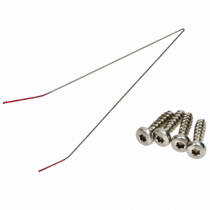 Two long thin metal wire probes with red tips and four silver metal screws, shown on a plain white background.