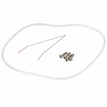 A replacement part kit featuring a long, thin white looped tube, two thin metal wire rods with red and dark tips, and four silver screws, all arranged on a solid white background.