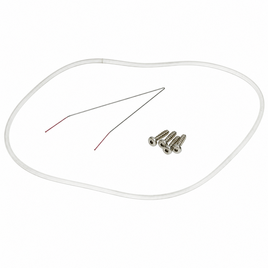 A replacement part kit featuring a long, thin white looped tube, two thin metal wire rods with red and dark tips, and four silver screws, all arranged on a solid white background.
