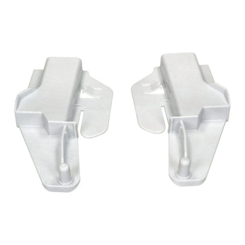 Two white plastic clips on a white background