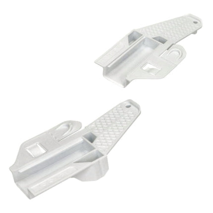 Two white plastic brackets on a white background