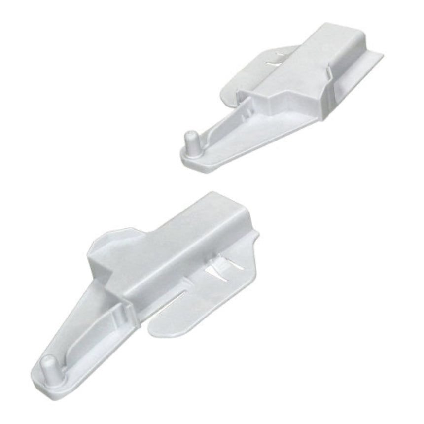 Two white plastic clips on a white background