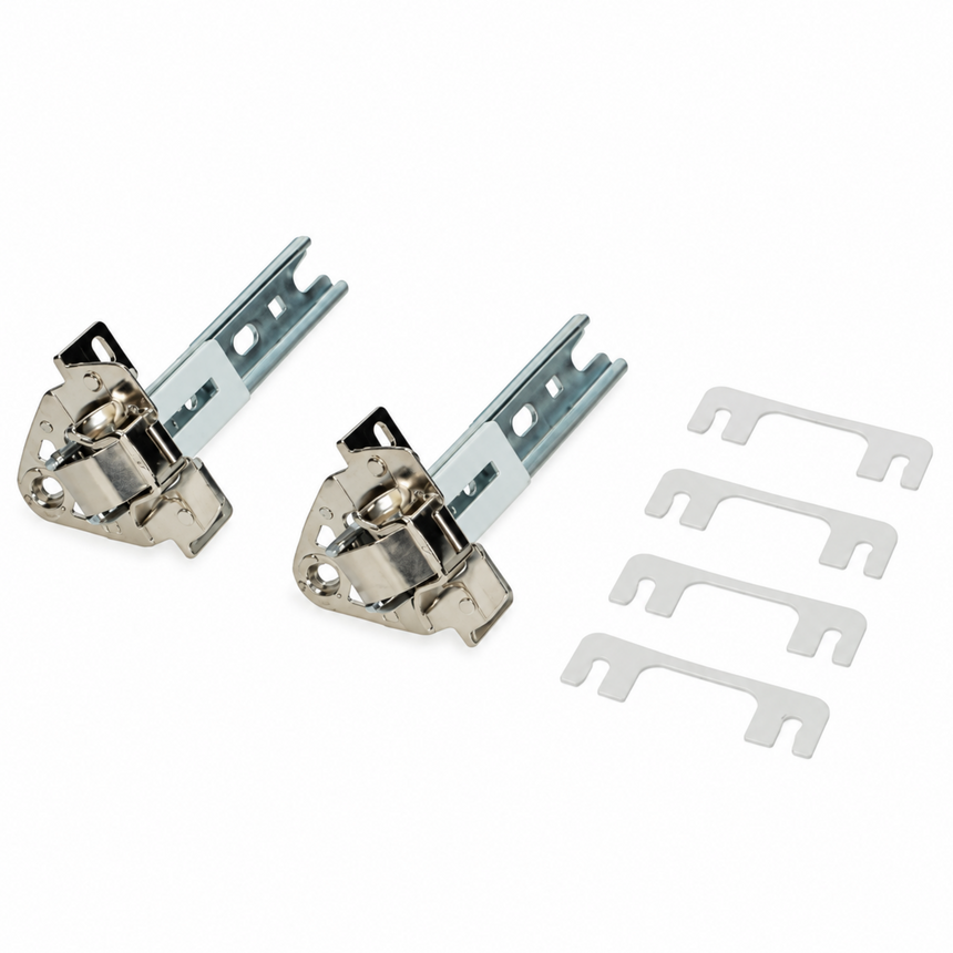 Two metal hinge hardware pieces with silver-toned brackets and four small white mounting tabs, photographed on a clean white background.