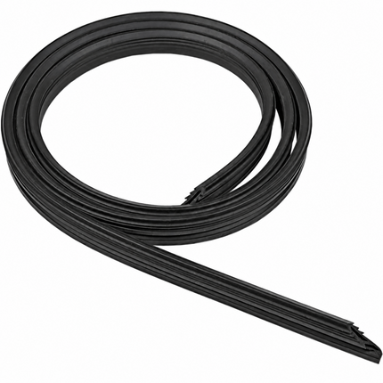 Coiled black rubber strip on a white background