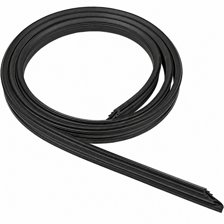 Coiled black rubber strip on a white background