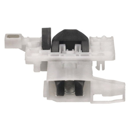 A white plastic automotive or appliance switch component with black internal elements and a silver spring, isolated on a white background.