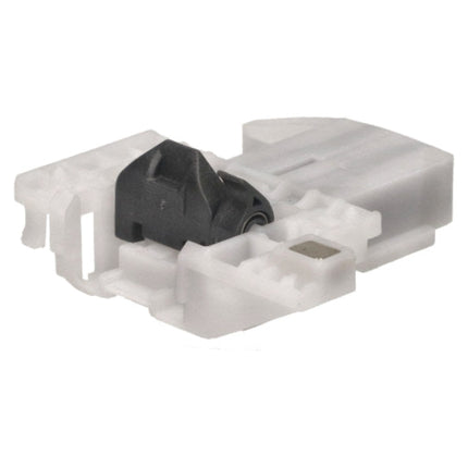 A white plastic automotive connector housing with a black internal component visible, isolated on a white background.