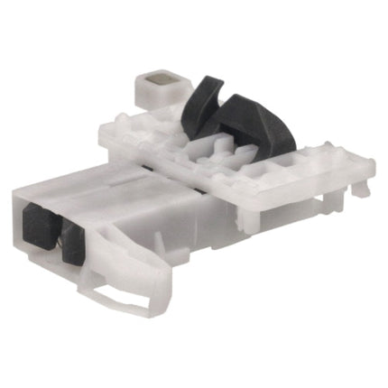A white plastic electrical connector with black internal components visible, isolated on a white background.