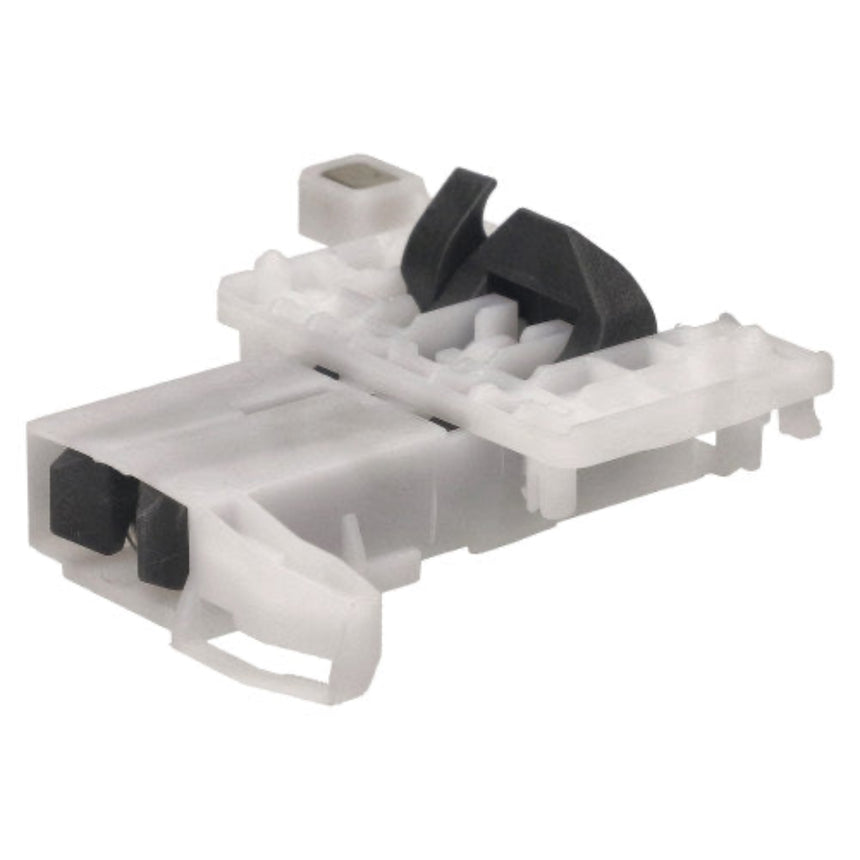 A white plastic electrical connector with black internal components visible, isolated on a white background.