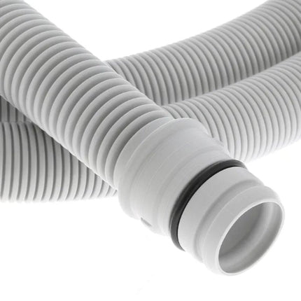Close-up of a white flexible hose with a black band on a white background