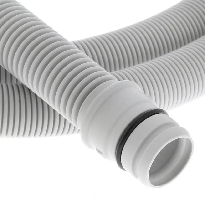 Close-up of a white flexible hose with a black band on a white background