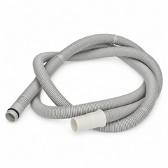 A coiled gray flexible corrugated hose with white plastic connector ends, photographed on a clean white background.