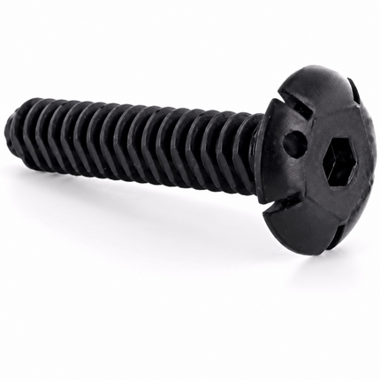 A single black plastic or coated screw fastener with a threaded shaft and a split-head design, shown on a clean white background.