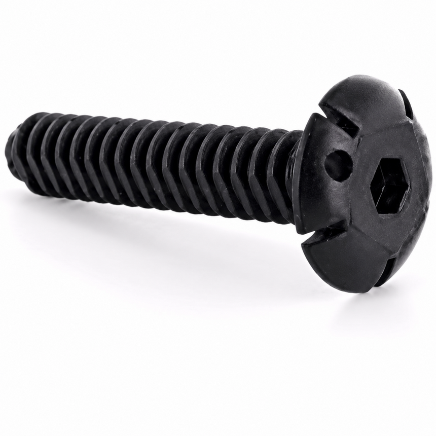 A single black plastic or coated screw fastener with a threaded shaft and a split-head design, shown on a clean white background.