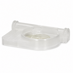 Clear plastic component on a white background