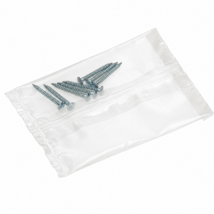 A clear plastic zip-top bag containing several silver metal screws, photographed on a plain white background.