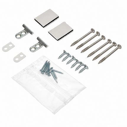 A hardware installation kit containing silver metal brackets, rectangular mounting plates, long screws, short screws, and a clear plastic bag of small screws, arranged on a white background.