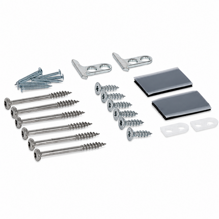 A hardware kit with multiple silver screws, two silver metal brackets, two dark gray rectangular pads, and two small white plastic pieces, arranged on a plain white background.