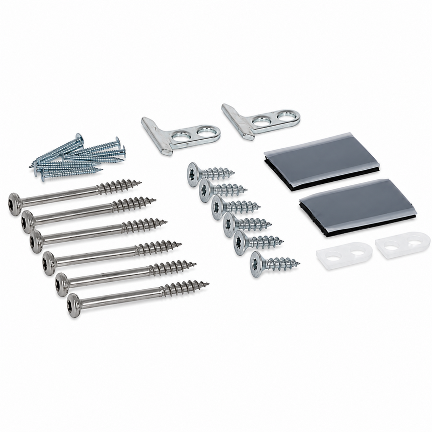 A hardware kit with multiple silver screws, two silver metal brackets, two dark gray rectangular pads, and two small white plastic pieces, arranged on a plain white background.