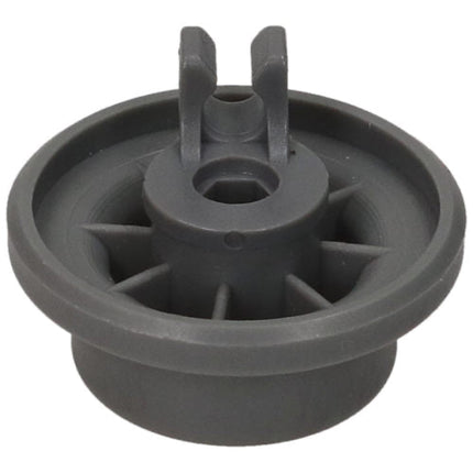 A dark gray plastic circular component with a central hub, radial spokes, and two upright tabs, shown on a plain white background.