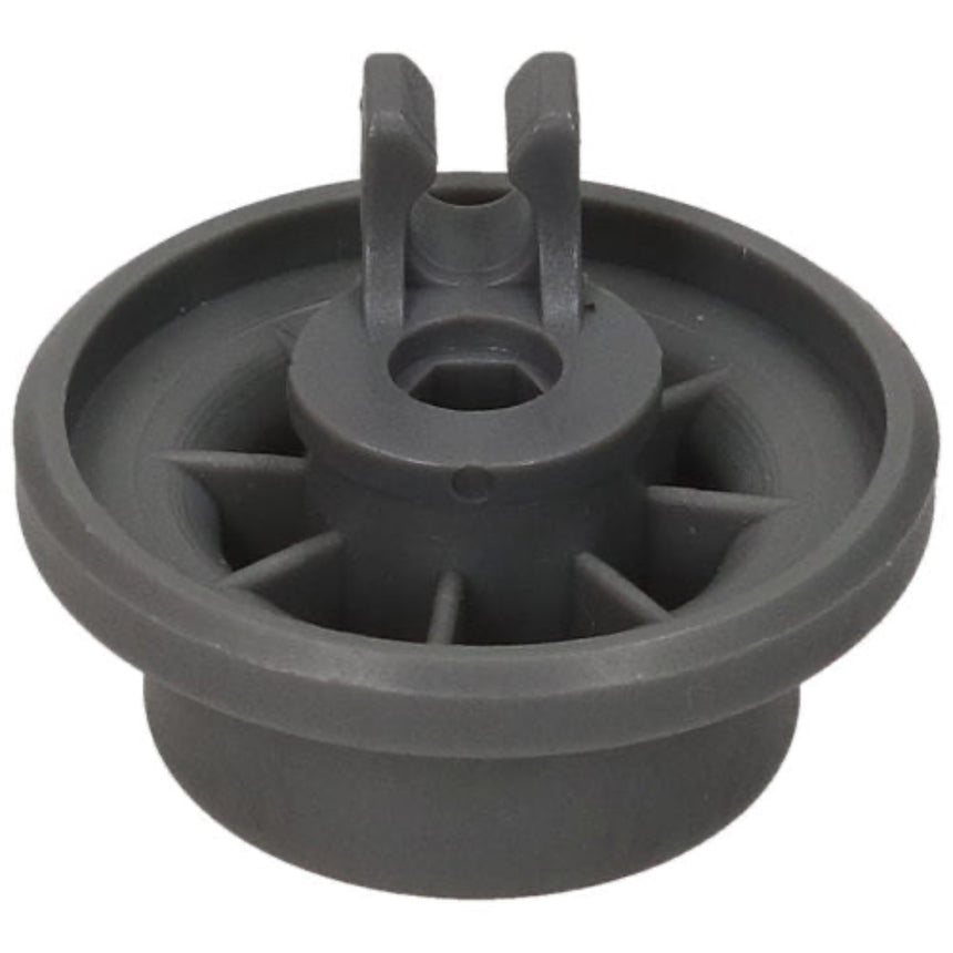 A dark gray plastic circular component with a central hub, radial spokes, and two upright tabs, shown on a plain white background.