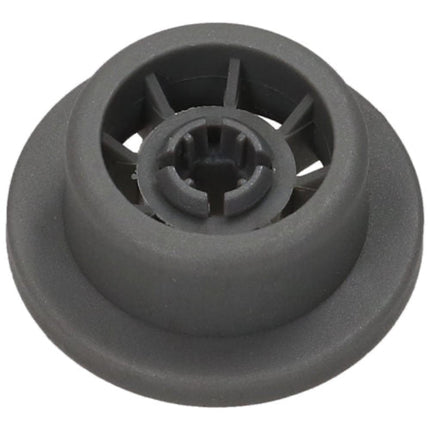 A dark gray circular plastic component with a flanged outer edge and a star-shaped center opening, shown on a plain white background.