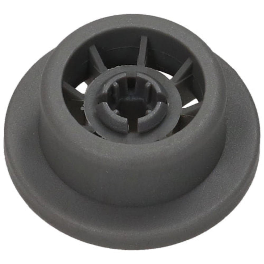 A dark gray circular plastic component with a flanged outer edge and a star-shaped center opening, shown on a plain white background.