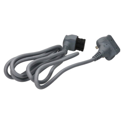 A gray electrical power cord with a UK three-pin plug on one end and a black connector on the other, coiled on a white background.