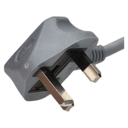 A gray UK three-pin wall plug with a matching gray cable, shown on a plain white background.
