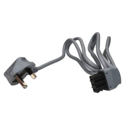 A gray electrical power cord with a UK three-pin plug on one end and a multi-pin connector on the other, isolated on a white background.
