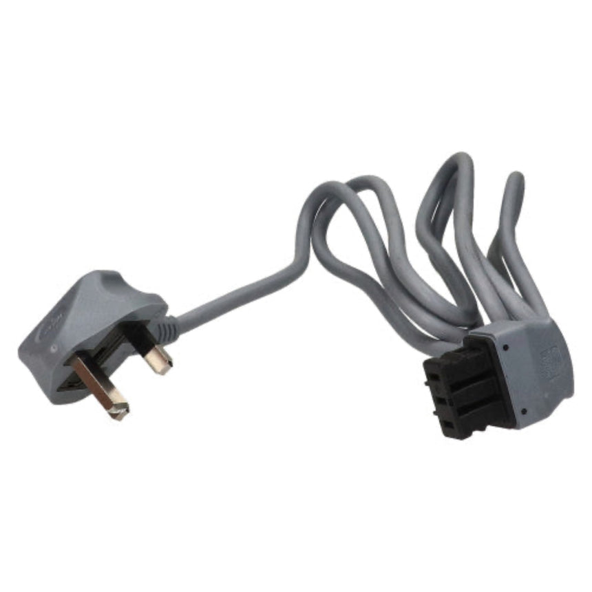 A gray electrical power cord with a UK three-pin plug on one end and a multi-pin connector on the other, isolated on a white background.